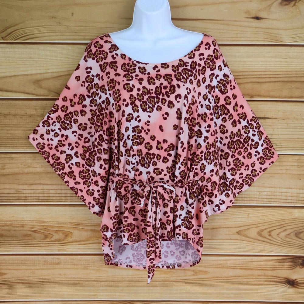 Robert‎ Louis Blouse Womens Sz L Pink Cheetah Print Belted Stretch Flowy Sleeves